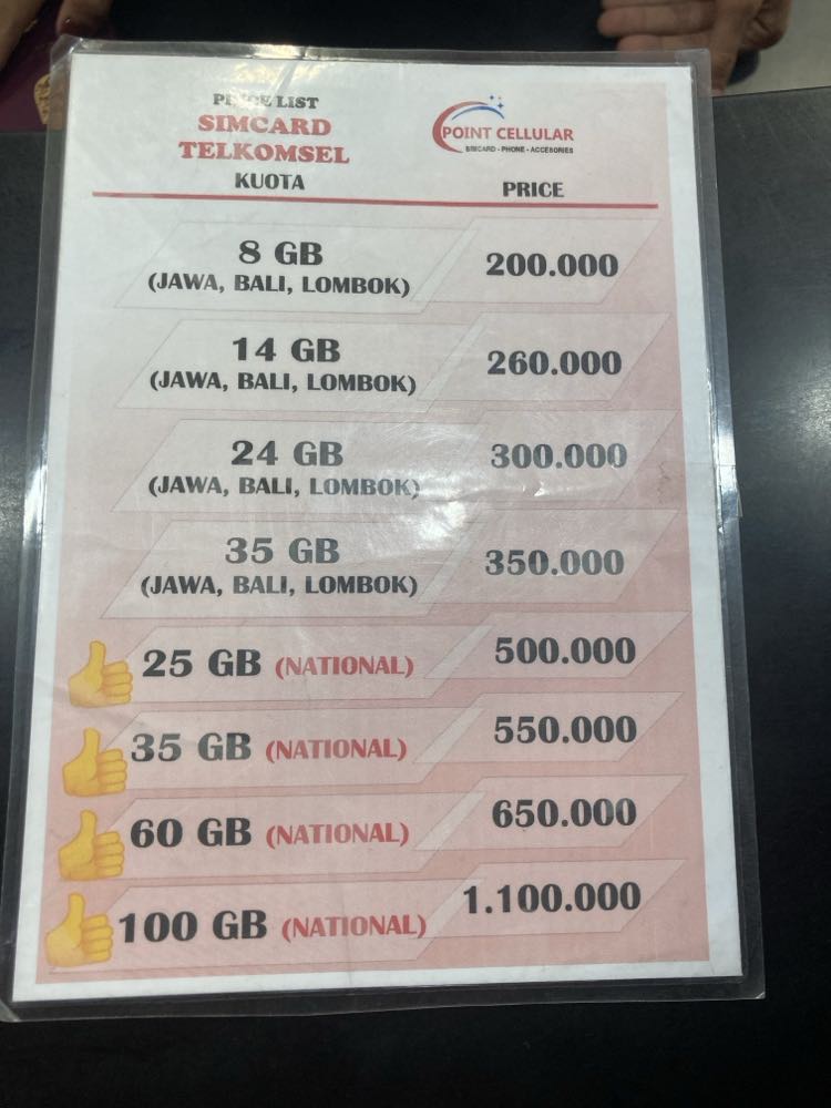 Price for Telkomsel at Jakarta Airport with Sim card