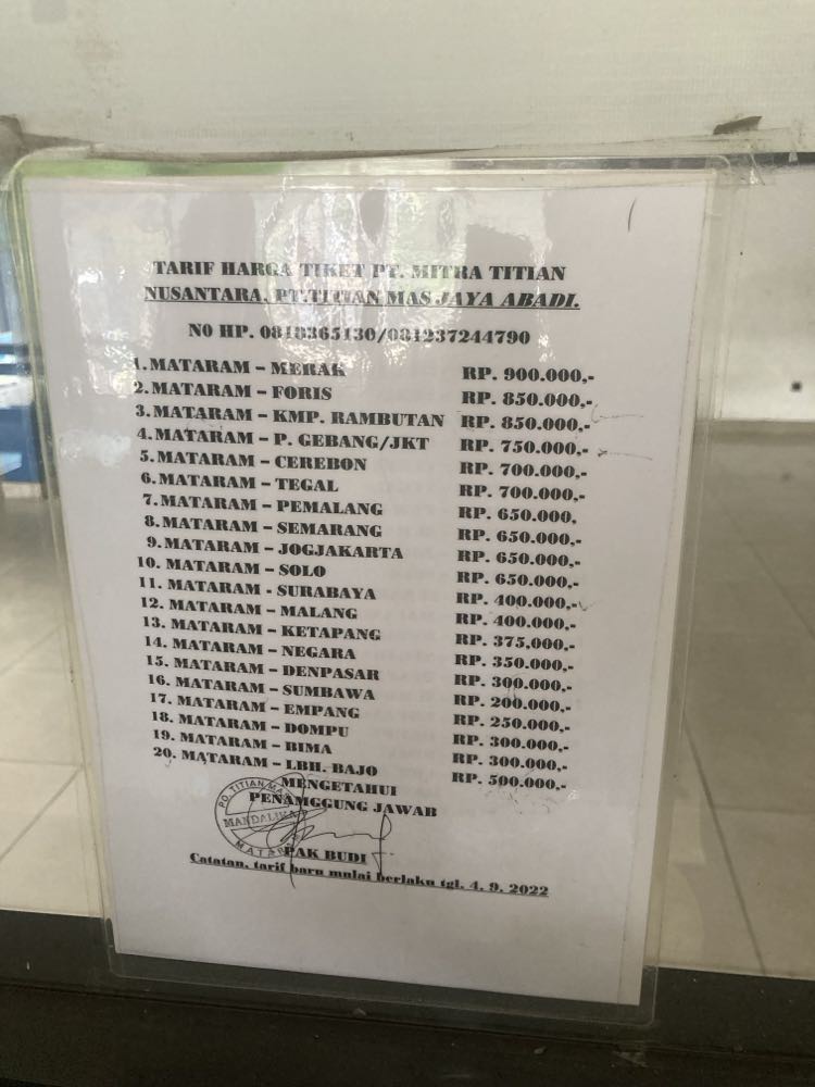 Prices for bus journeys from Mandalika Terminal Mataram Lombok